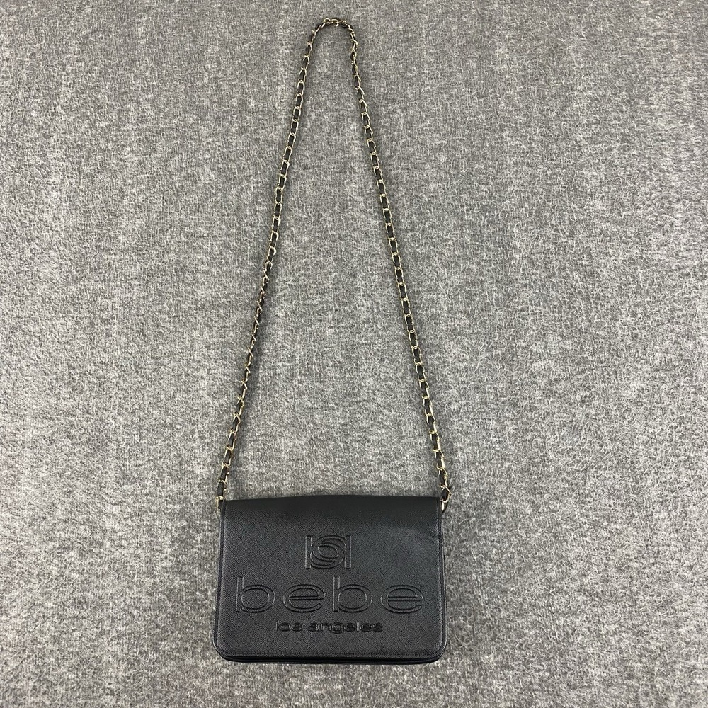 Bebe Los Angeles Black Chain Strap Crossbody Bag Logo Flap Purse